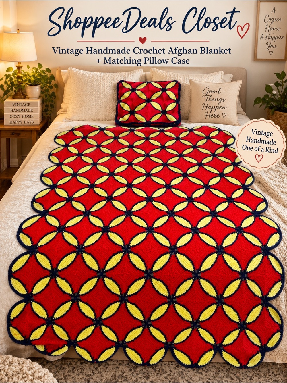 Vintage Handmade Crochet Afghan Blanket Red Yellow Navy + Matching Pillow case